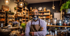 Confident shop owner standing in a well-organized, thriving store, smiling proudly at the camera, representing a successful small business ready for sale.