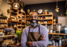 Confident shop owner standing in a well-organized, thriving store, smiling proudly at the camera, representing a successful small business ready for sale.